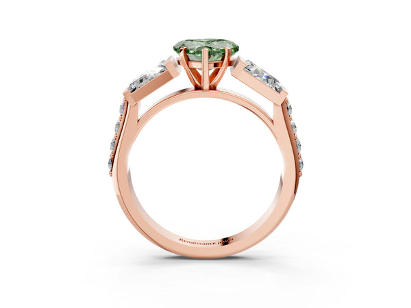 Rose gold Fancy Green Heart Cut Diamond Engagement Ring with Baguette Side Stones and Channel Set Band