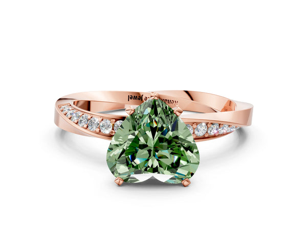 Rose gold Fancy Green Heart Cut Diamond Engagement Ring with Side Stone Accents and Four-Prong Setting