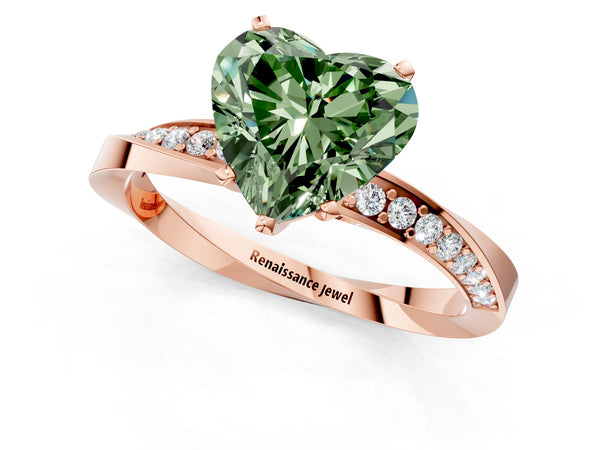Rose gold Fancy Green Heart Cut Diamond Engagement Ring with Side Stone Accents and Four-Prong Setting