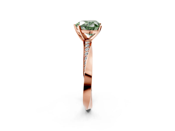 Rose gold Fancy Green Heart Cut Diamond Engagement Ring with Side Stone Accents and Four-Prong Setting