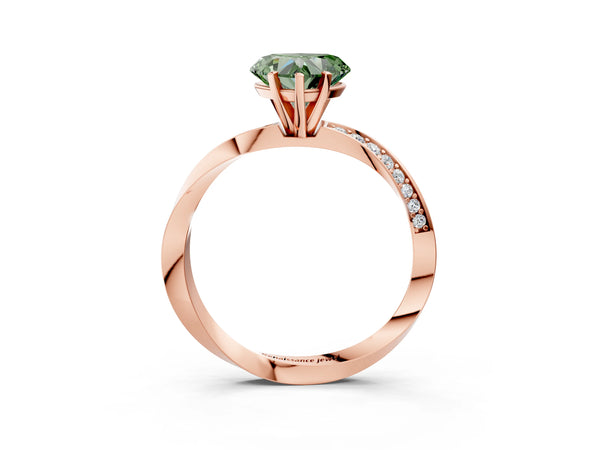 Rose gold Fancy Green Heart Cut Diamond Engagement Ring with Side Stone Accents and Four-Prong Setting