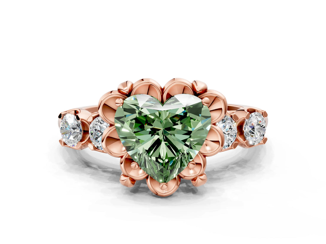 Rose gold Fancy Green Heart  Cut Diamond Floral Halo Engagement Ring with Shared Prong Setting 1
