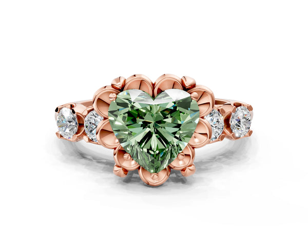 Rose gold Fancy Green Heart  Cut Diamond Floral Halo Engagement Ring with Shared Prong Setting