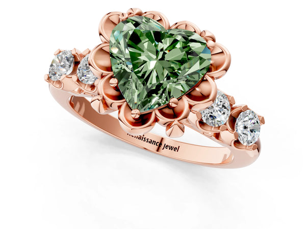 Rose gold Fancy Green Heart  Cut Diamond Floral Halo Engagement Ring with Shared Prong Setting