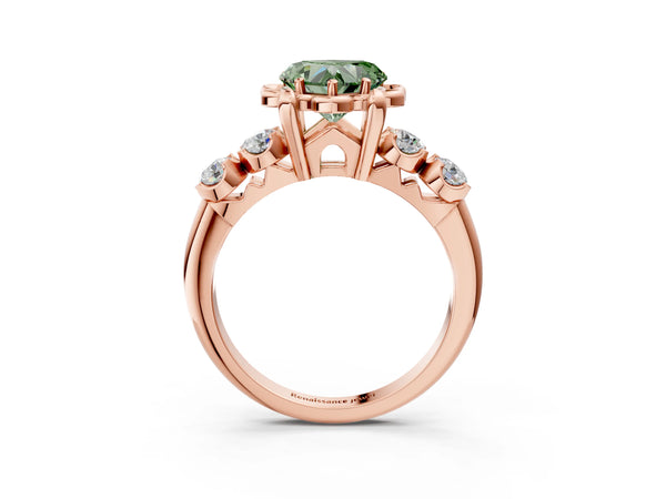 Rose gold Fancy Green Heart  Cut Diamond Floral Halo Engagement Ring with Shared Prong Setting