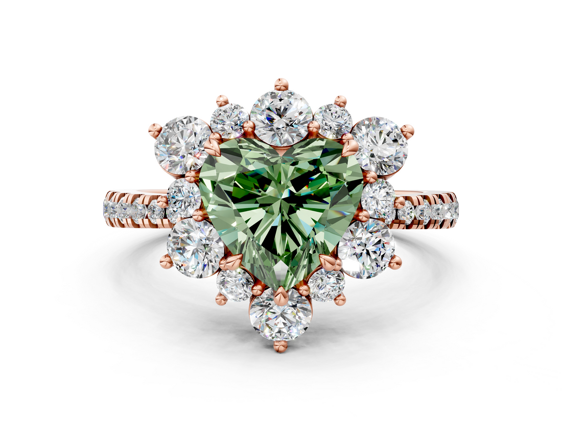 Rose gold Fancy Green Heart  Cut Diamond Floral Halo Pave Band with Prong Setting