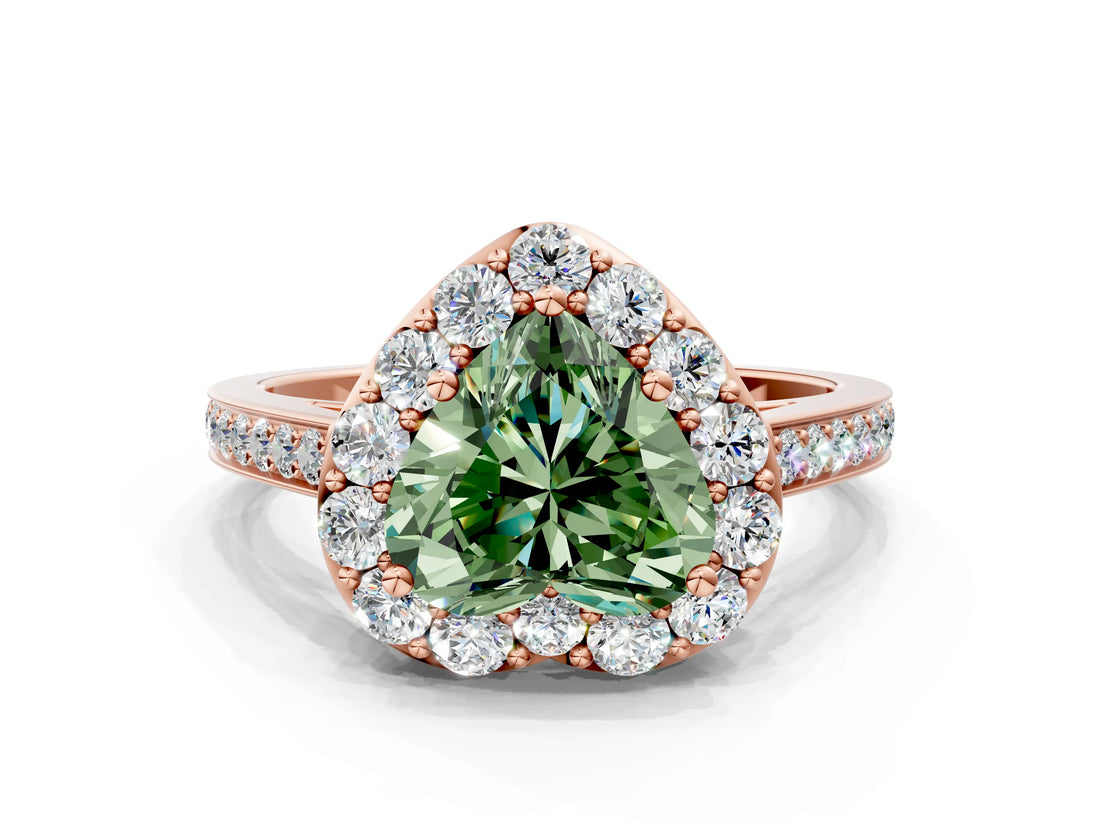 Rose gold Fancy Green Heart Cut Diamond Floral Halo Ring with Pavé Band and Prong Setting_3