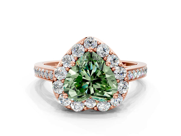 Rose gold Fancy Green Heart Cut Diamond Floral Halo Ring with Pavé Band and Prong Setting