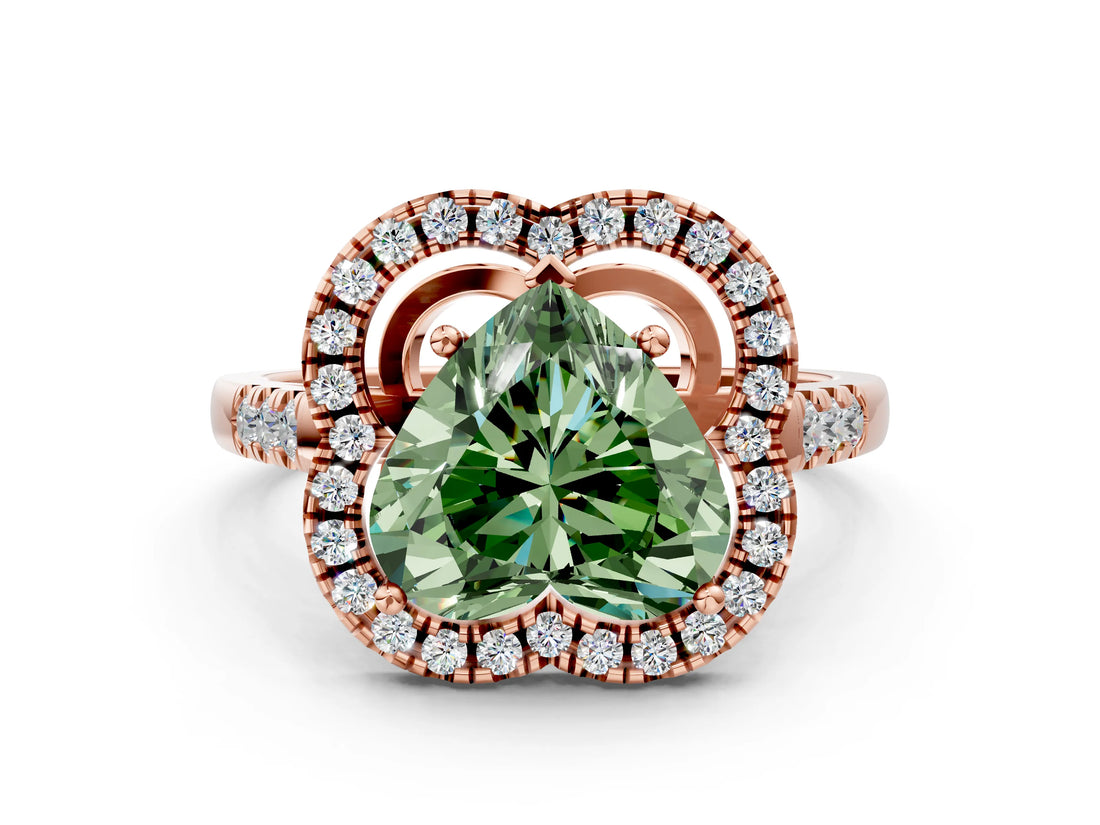 Rose gold Fancy Green Heart Cut Diamond Floral Halo Split Shank Prong Setting Ring_12