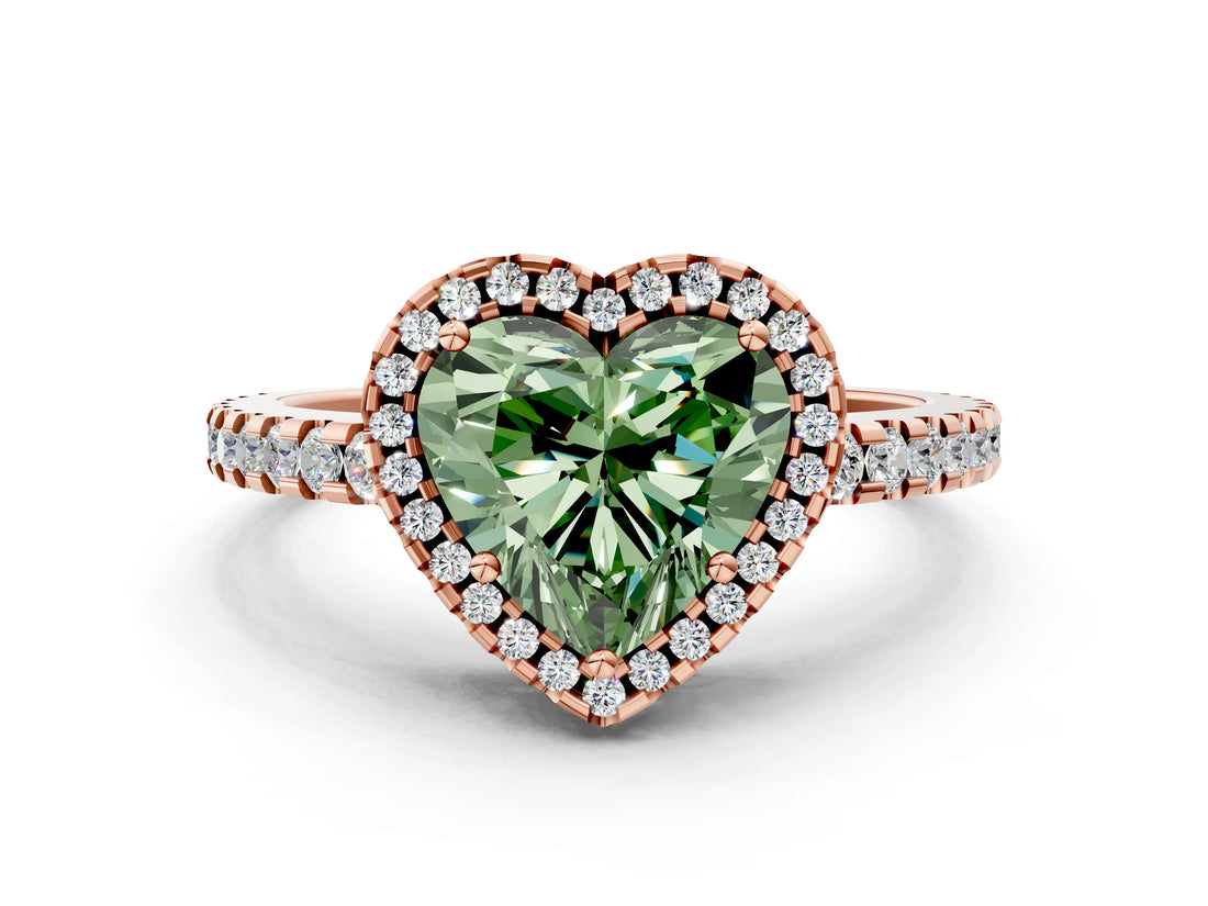 Rose gold Fancy Green Heart Cut Diamond Halo Engagement Ring with Pavé Band and Prong Setting_27