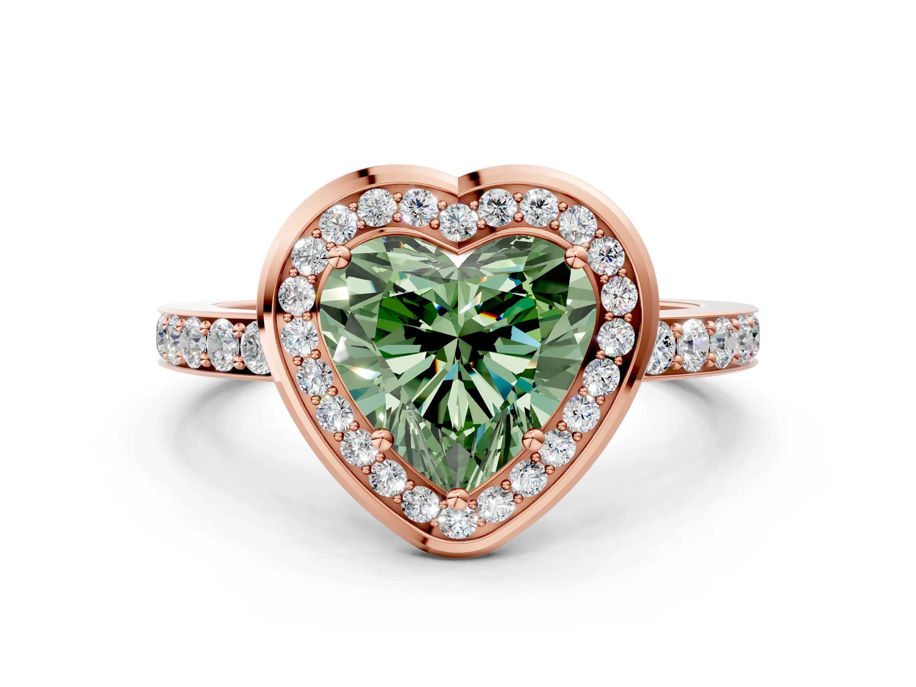 Rose gold Fancy Green Heart Cut Diamond Halo Ring with Bezel Frame and Pavé Band