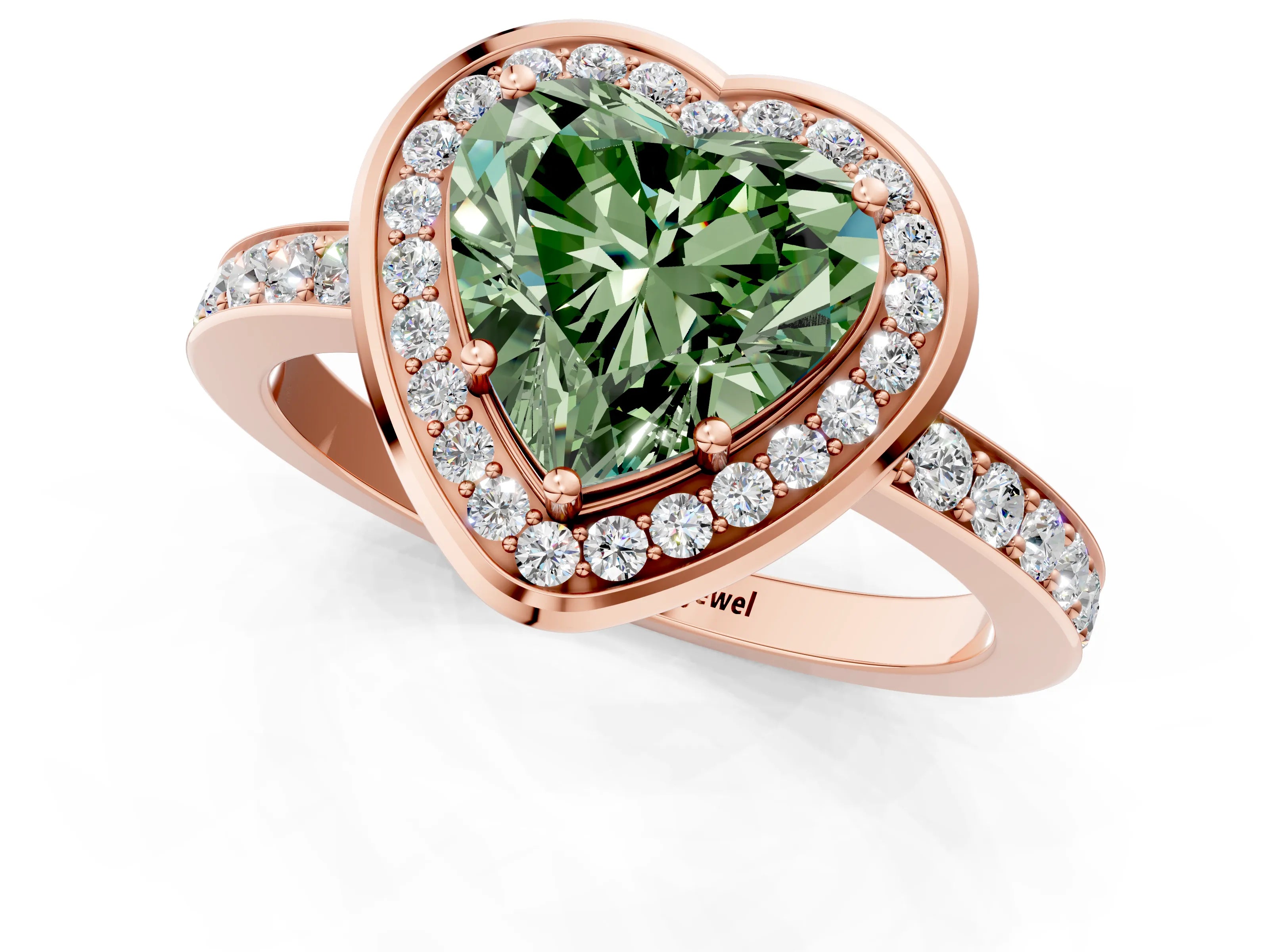 Rose gold Fancy Green Heart Cut Diamond Halo Ring with Bezel Frame and Pavé Band_1