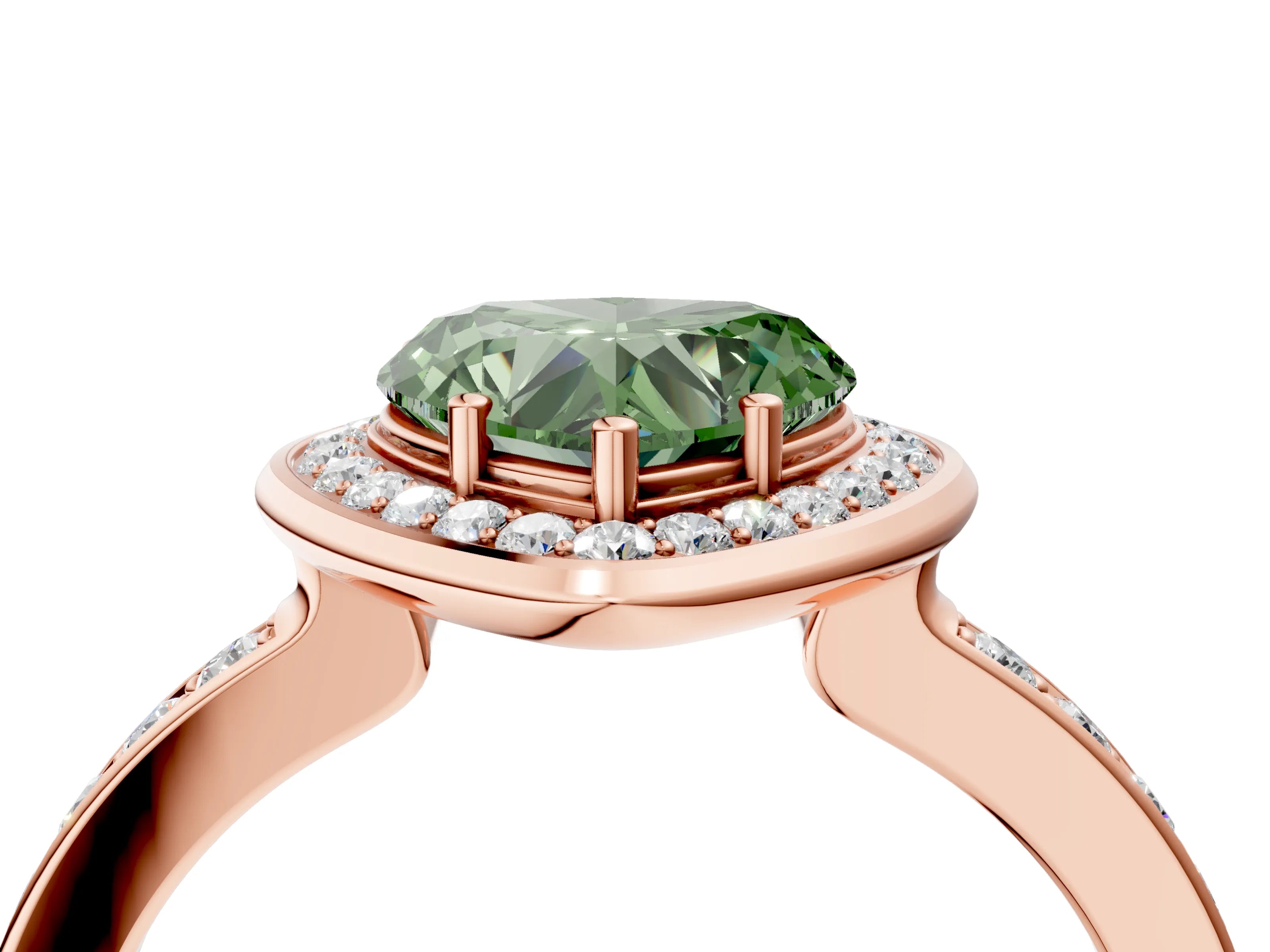 Rose gold Fancy Green Heart Cut Diamond Halo Ring with Bezel Frame and Pavé Band_4