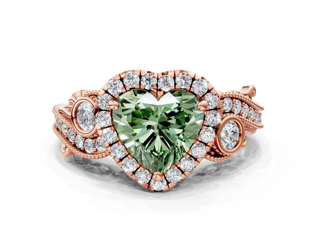 Rose gold Fancy Green Heart Cut Diamond Halo Ring with Milgrain Pavé Band and Four-Prong Setting_12