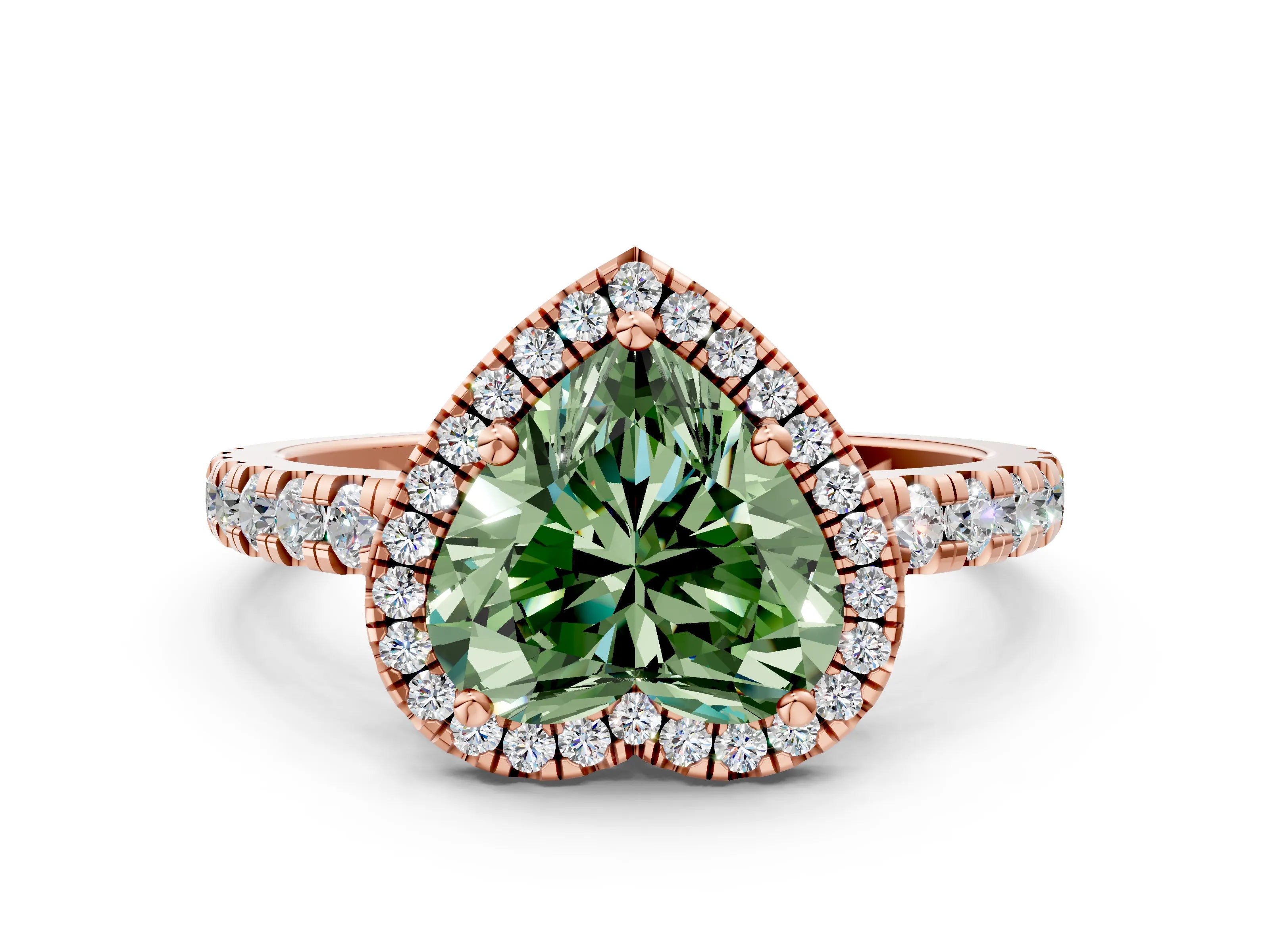 Rose gold Fancy Green Heart Cut Diamond Halo Ring with Pavé Band and Four-Prong Setting