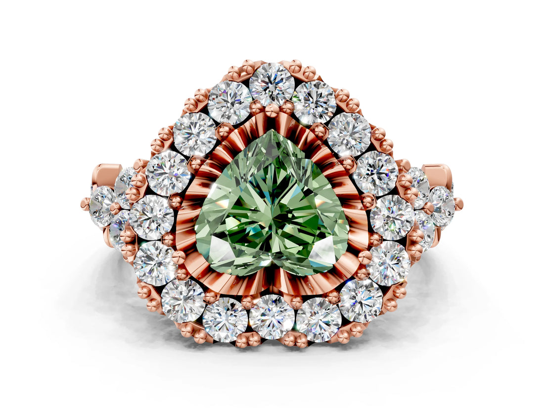 Rose gold Fancy Green Heart Cut Diamond Halo Ring with Pavé Band and Four-Prong Setting_17