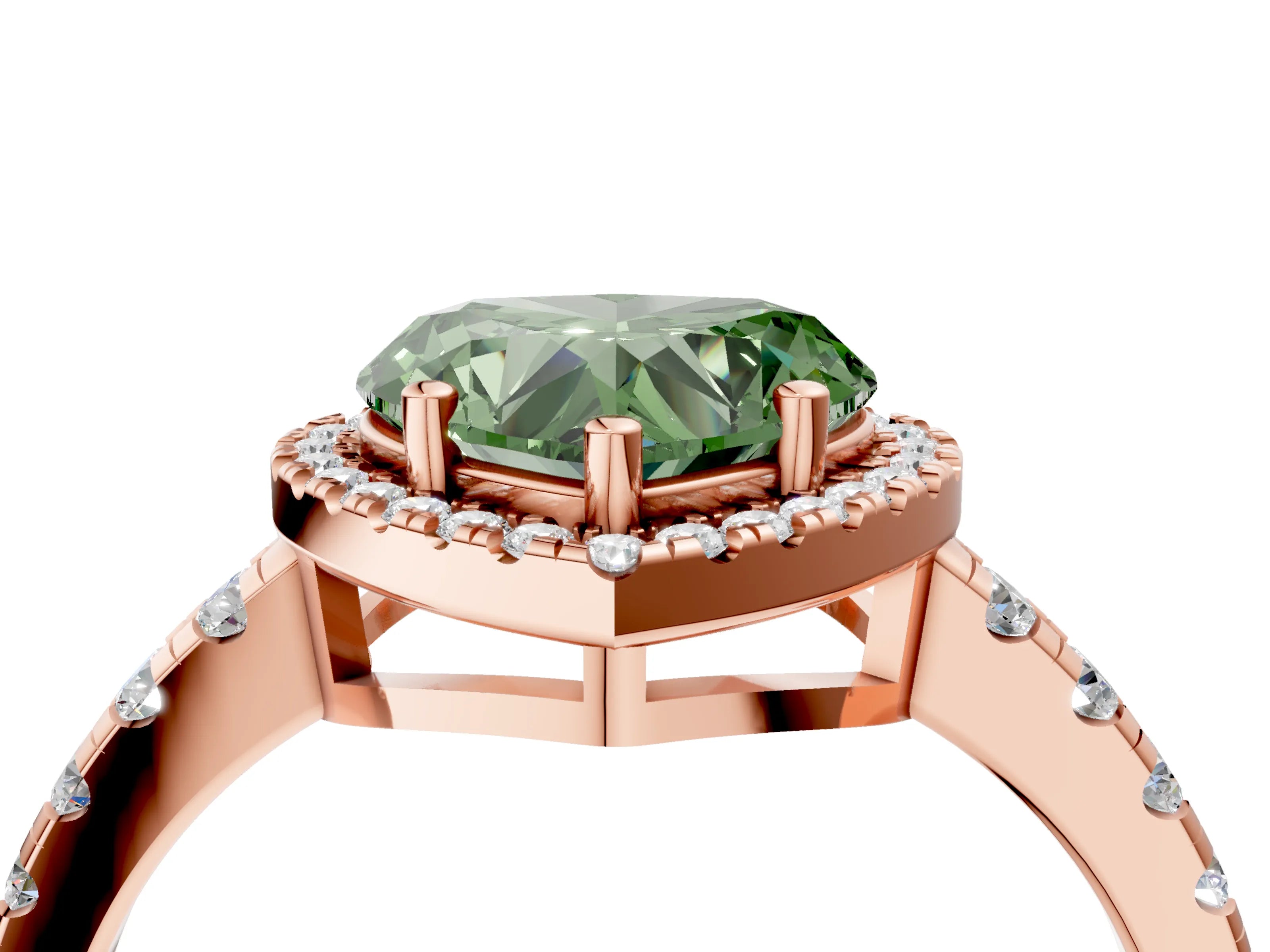 Rose gold Fancy Green Heart Cut Diamond Halo Ring with Pavé Band and Four-Prong Setting_4