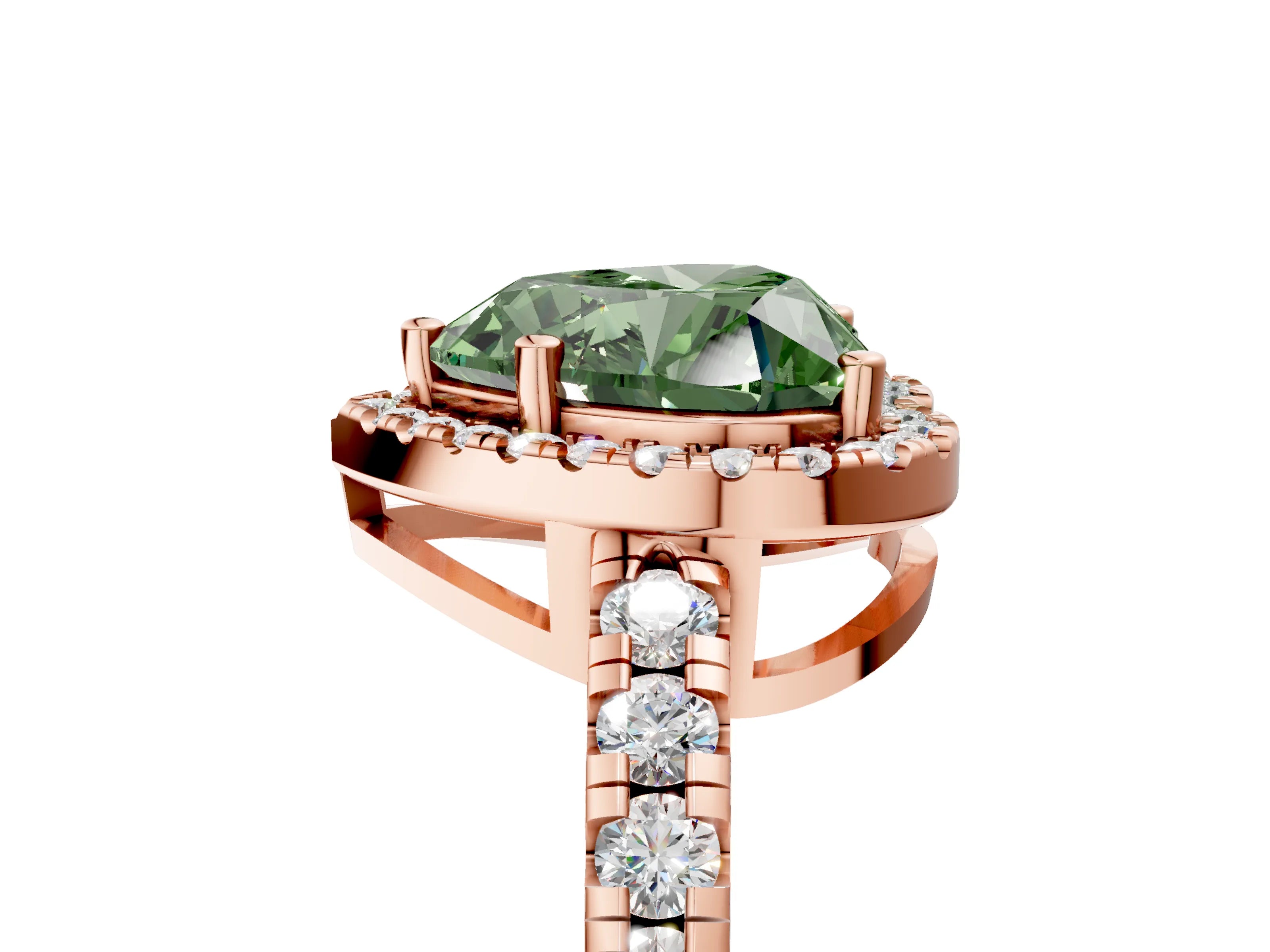 Rose gold Fancy Green Heart Cut Diamond Halo Ring with Pavé Band and Four-Prong Setting_5