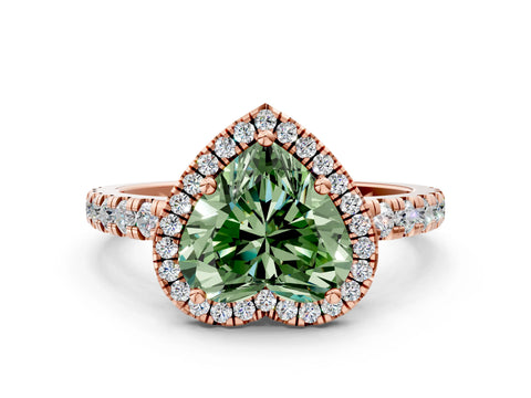 Rose gold Fancy Green Heart Cut Diamond Halo Ring with Pavé Band and Four-Prong Setting