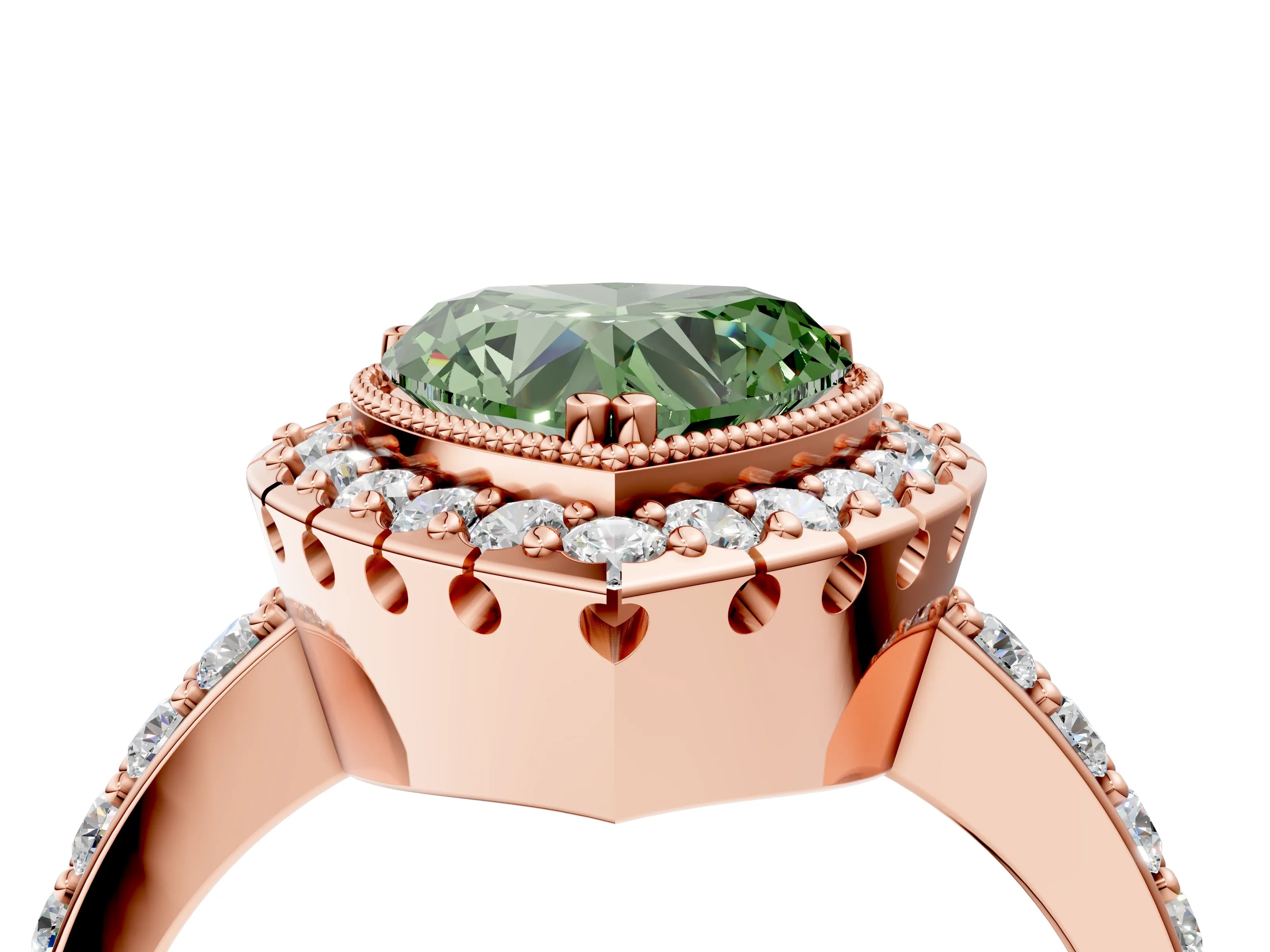 Rose gold Fancy Green Heart Cut Diamond Halo Ring with Pavé Band and Prong Setting_4