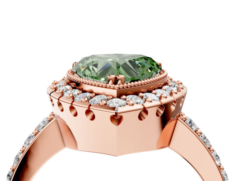 Rose gold Fancy Green Heart Cut Diamond Halo Ring with Pavé Band and Prong Setting_4