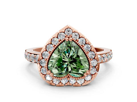 Rose gold Fancy Green Heart Cut Diamond Halo Ring with Pavé Band and Prong Setting
