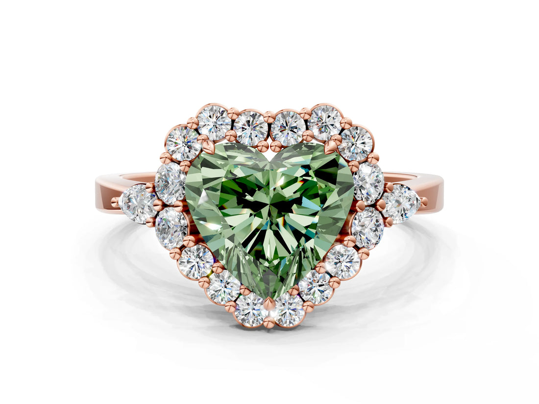 Rose gold Fancy Green Heart Cut Diamond Halo Ring with Pear Side Stones and Prong Setting_22