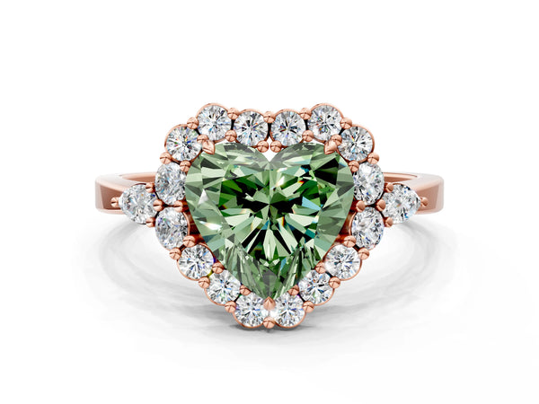 Rose Gold Heart-Shaped Halo Engagement Ring Setting for Fancy Green Center with Pear Accents