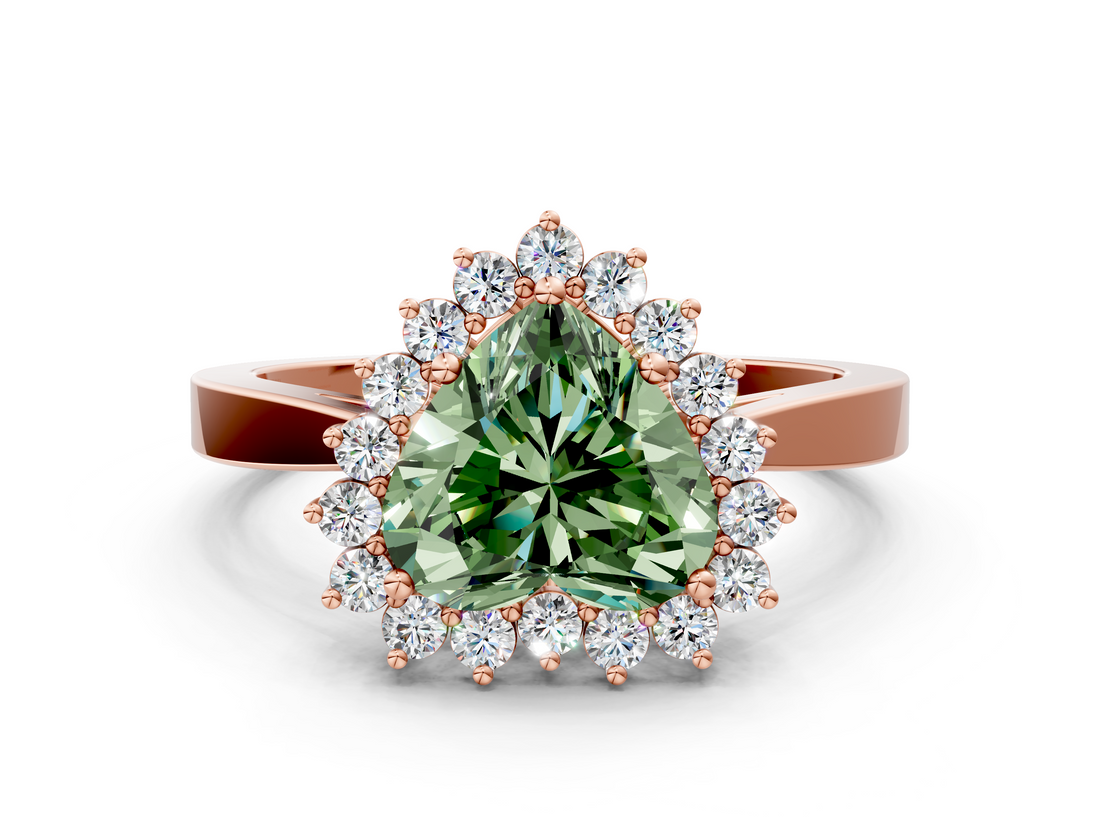 Rose gold Fancy Green Heart  Cut Diamond Halo Ring with Round Brilliant Halo and Solitaire Band