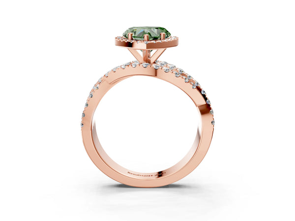 Rose Gold Heart-Shaped Halo Twist Engagement Ring Setting for Fancy Green Center