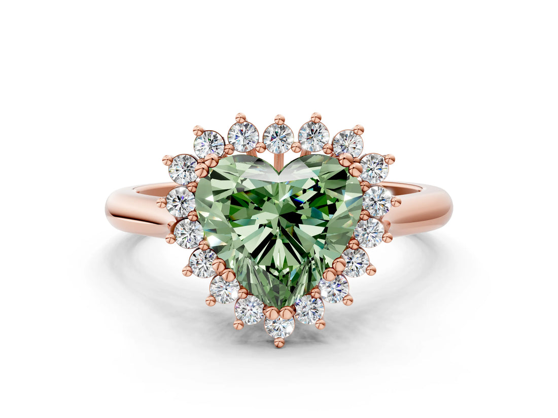 Rose gold Fancy Green Heart  Cut Diamond Halo Ring with Solitaire Band and Prong Setting_29
