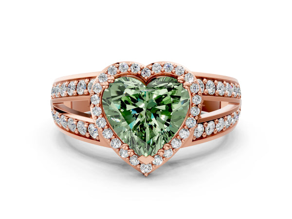 Rose gold Fancy Green Heart Cut Diamond Halo Ring with Split Shank Pavé Band and Four-Prong Setting