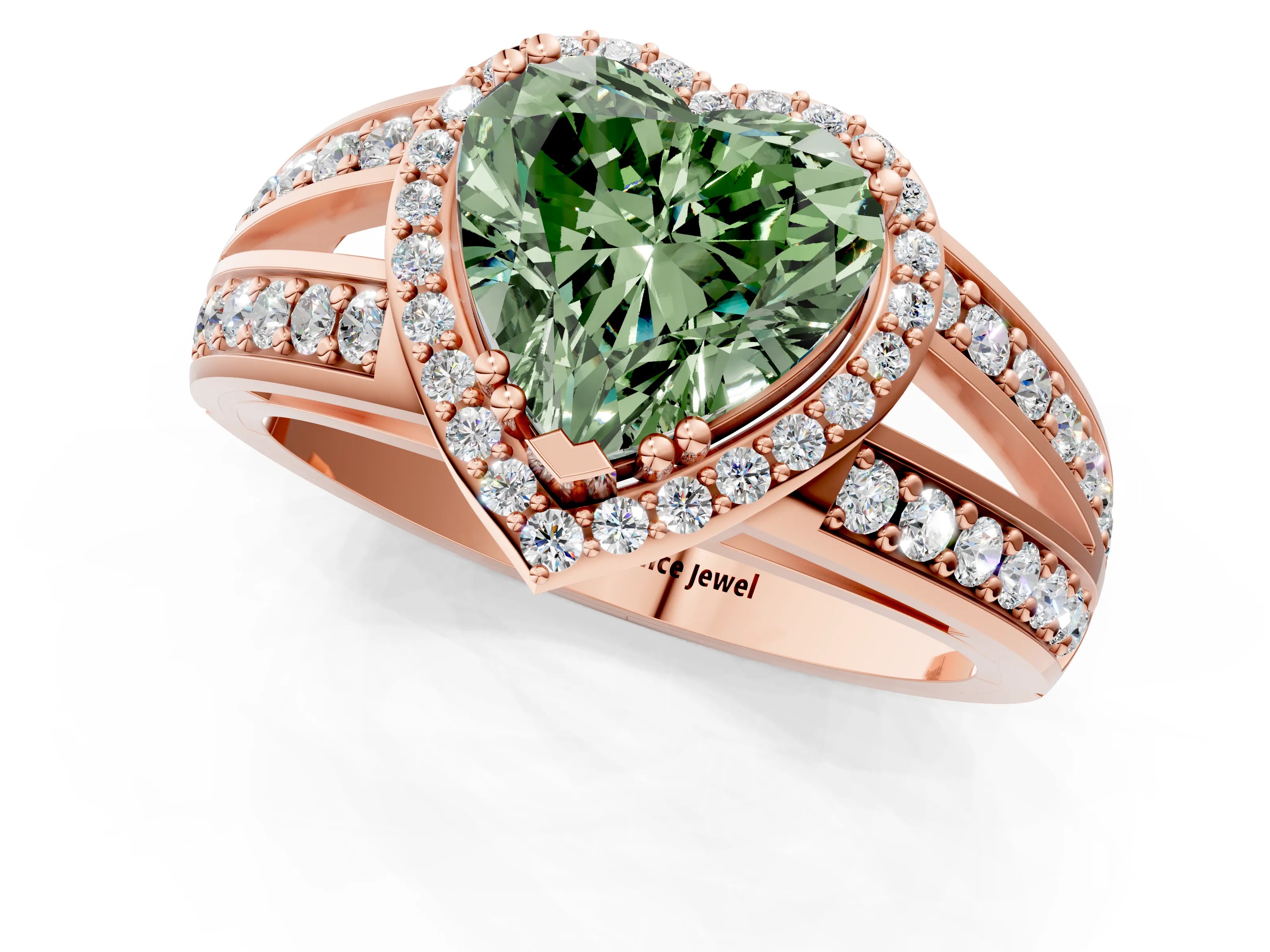 Rose gold Fancy Green Heart Cut Diamond Halo Ring with Split Shank Pavé Band and Four-Prong Setting_1