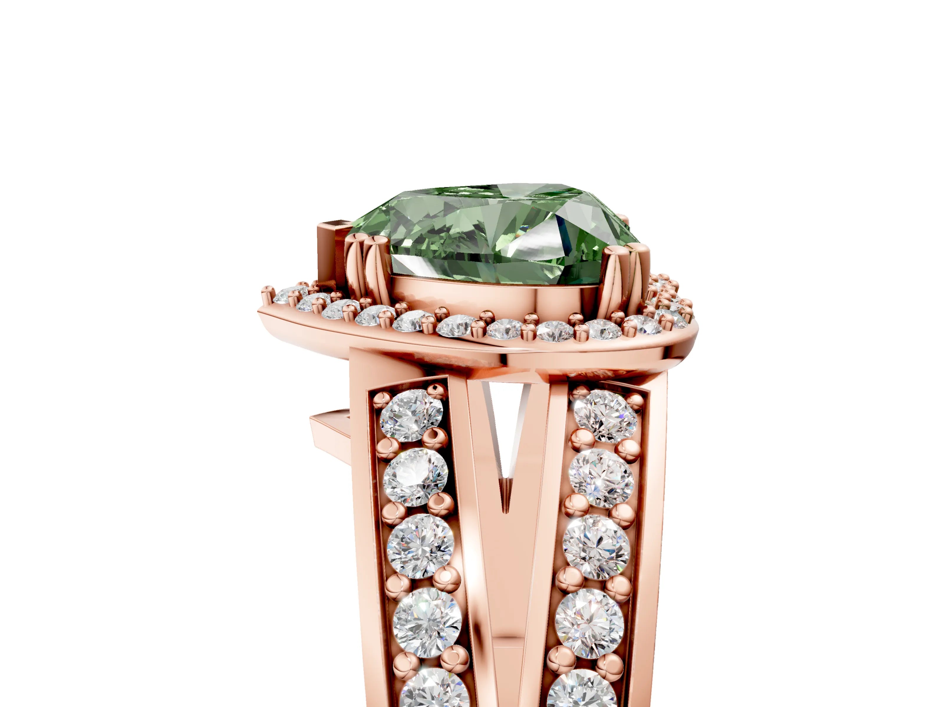 Rose gold Fancy Green Heart Cut Diamond Halo Ring with Split Shank Pavé Band and Four-Prong Setting_5