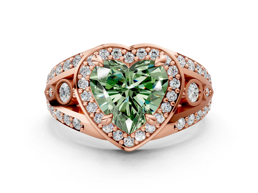 Rose gold Fancy Green Heart Cut Diamond Halo Ring with Split Shank and Bezel Accents and Four-Prong Setting