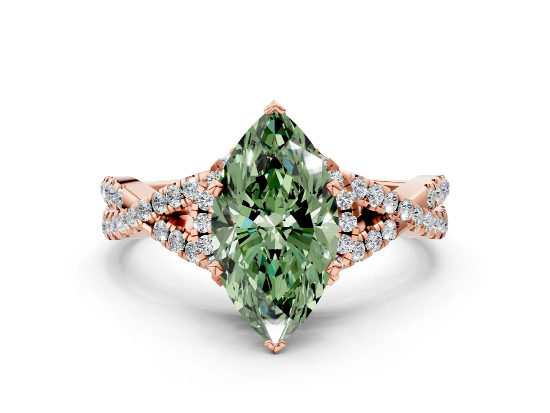 Rose gold Fancy Green Heart Cut Diamond  Halo Twist Band Solitaire Prong Setting Ring_42