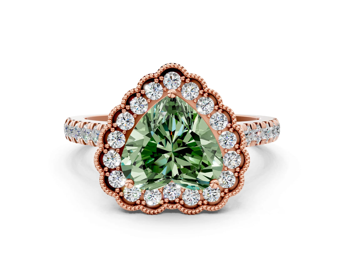 Rose gold Fancy Green Heart  Cut Diamond Milgrain Floral Halo Engagement Ring with Pavé Band_39