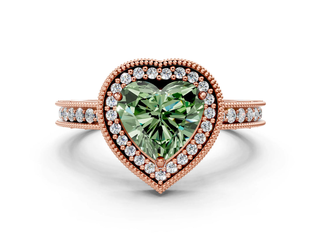 Rose gold Fancy Green Heart Cut Diamond Milgrain Halo Engagement Ring with Round Pavé Band and Prong Setting_24