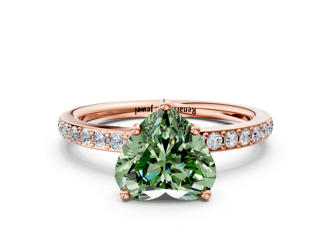 Rose gold Fancy Green Heart  Cut Diamond Pavé Band Ring with Four-Prong Setting