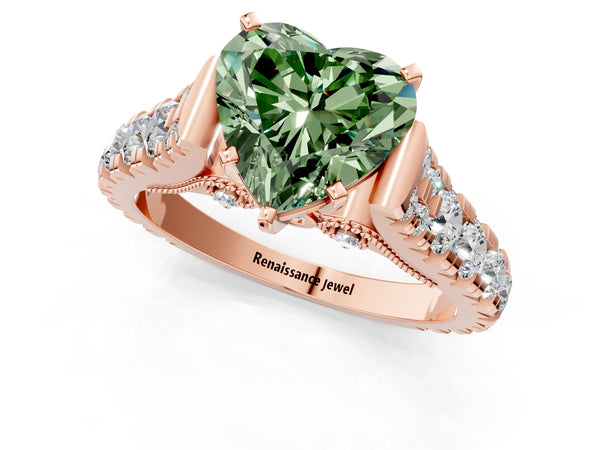Rose gold Fancy Green Heart Cut Diamond Classic Solitaire Ring with Pavé Band and Four-Prong Setting