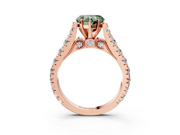 Rose gold Fancy Green Heart Cut Diamond Classic Solitaire Ring with Pavé Band and Four-Prong Setting
