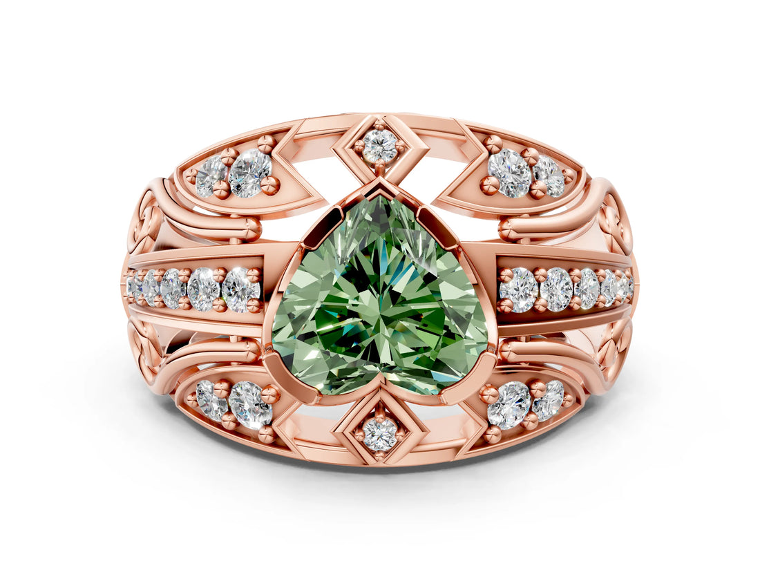 Rose gold Fancy Green Heart Cut Diamond Pave Art Deco Split Shank Ring with Four-Prong Setting