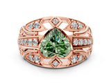 Rose gold Fancy Green Heart Cut Diamond Pave Art Deco Split Shank Ring with Four-Prong Setting