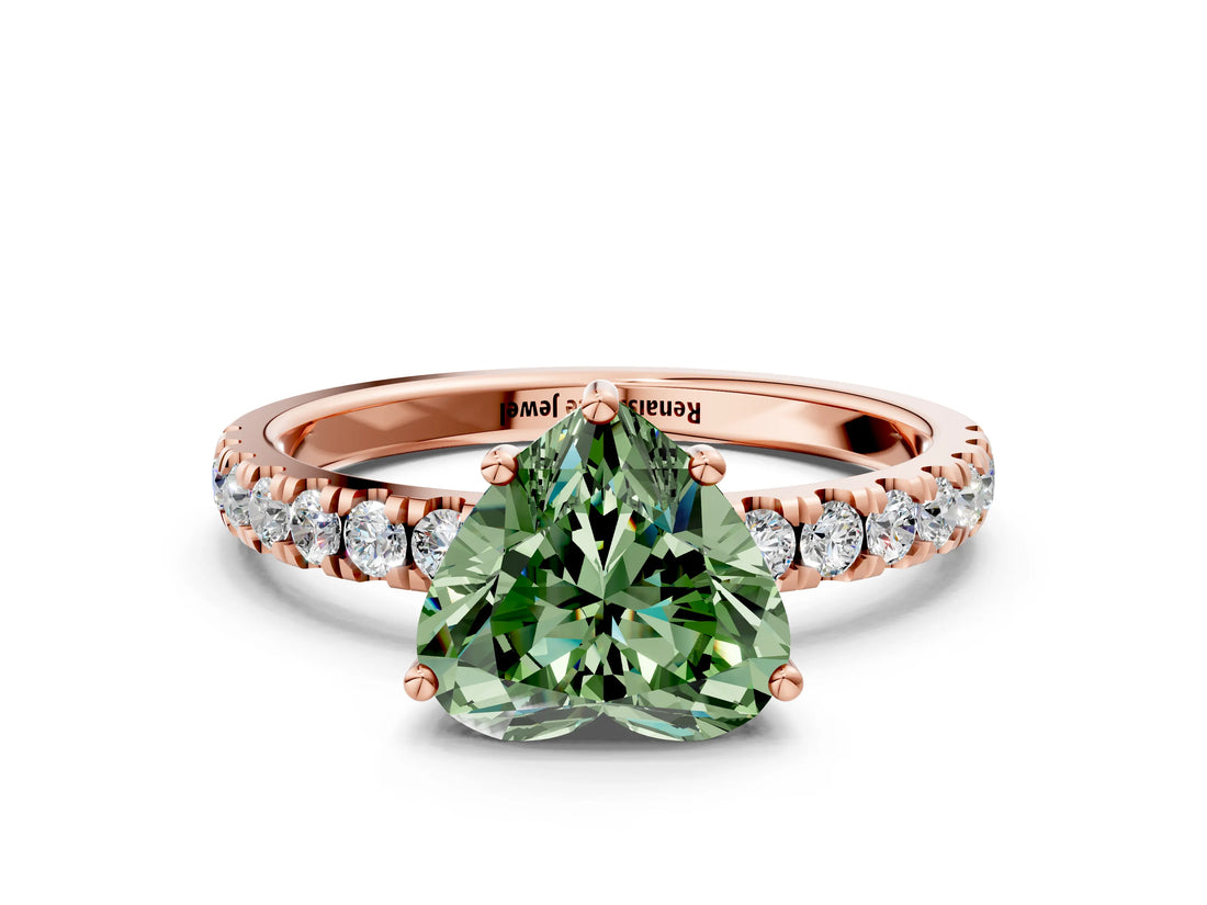 Rose gold Fancy Green Heart Cut Diamond Pave Band Solitaire Ring with Four-Prong Setting_17