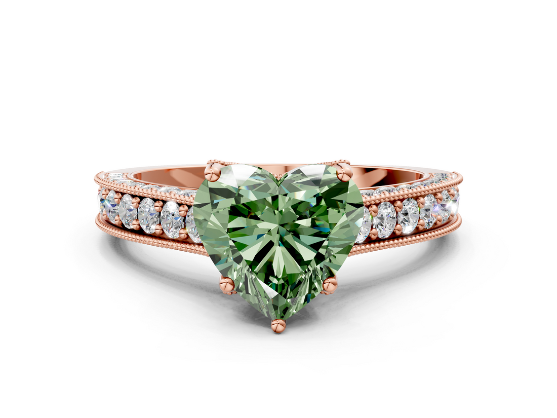 Rose gold Fancy Green Heart  Cut Diamond Pave Band with Four-Prong Setting