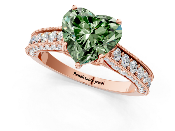 Rose gold Fancy Green Heart  Cut Diamond Solitaire Ring with Milgrain Pave Band and Four Prong Setting