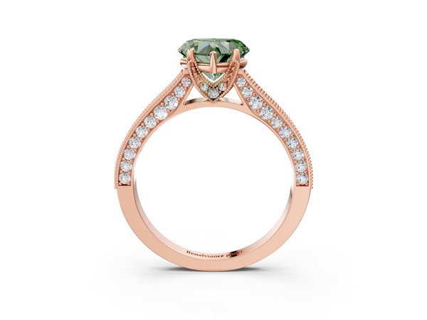 Rose gold Fancy Green Heart  Cut Diamond Solitaire Ring with Milgrain Pave Band and Four Prong Setting