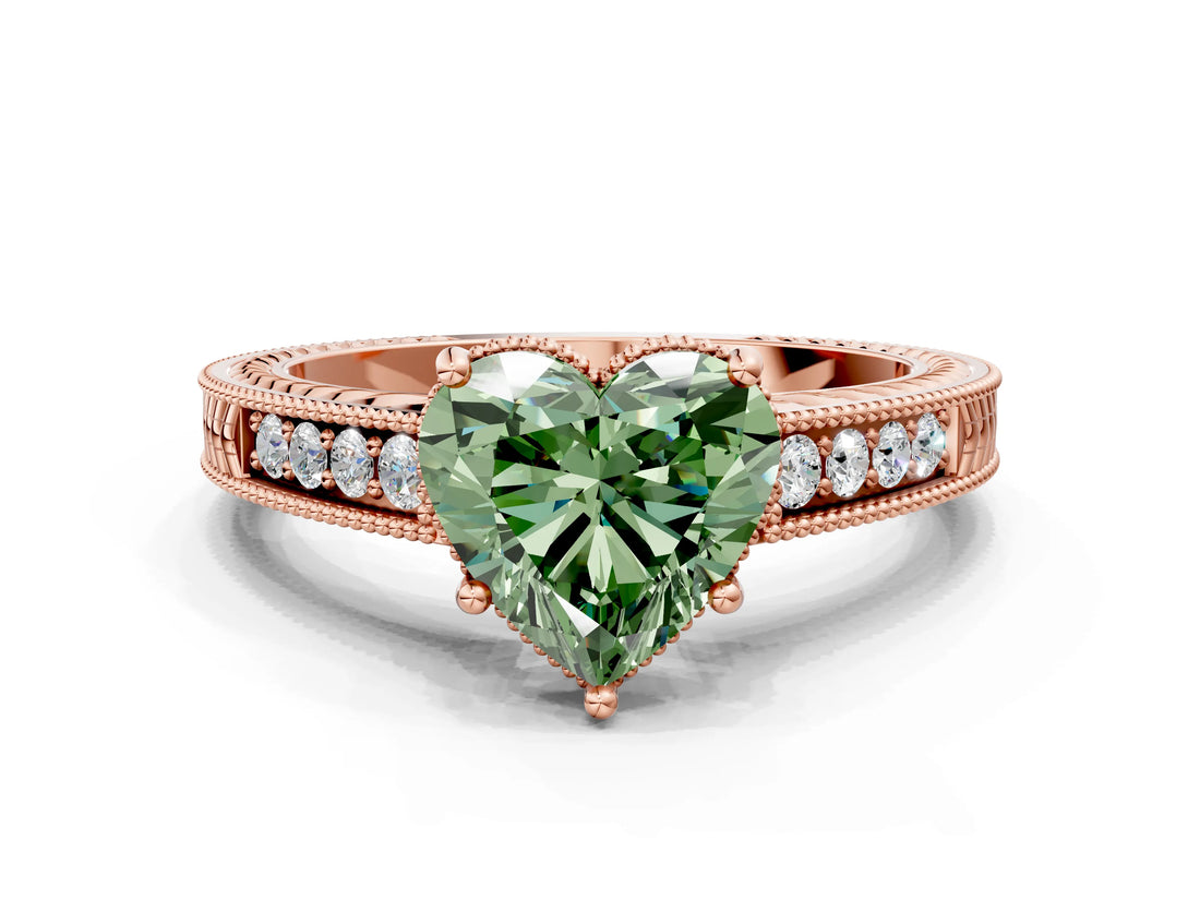 Rose gold Fancy Green Heart Cut Diamond Ring with Milgrain Pavé Band and Four-Prong Setting_21