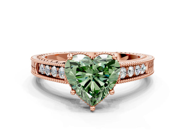 Rose gold Fancy Green Heart Cut Diamond Ring with Milgrain Pavé Band and Four-Prong Setting