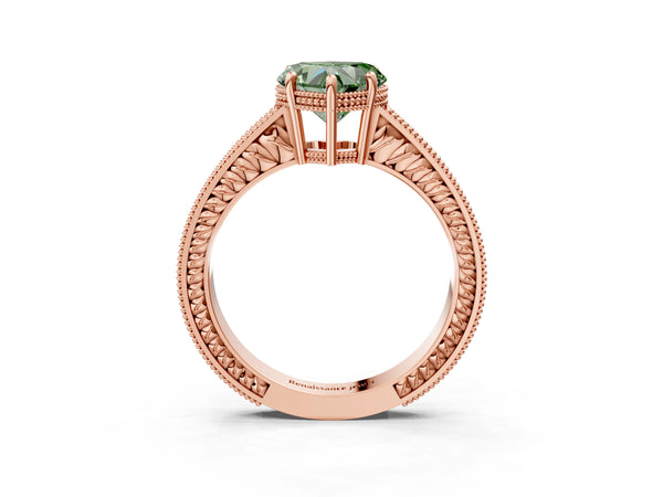 Rose gold Fancy Green Heart Cut Diamond Ring with Milgrain Pavé Band and Four-Prong Setting